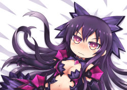 Rule 34 | 10s, 1girl, absurdres, bad id, bad pixiv id, black hair, blush, bow, breasts, brown eyes, chibi, cleavage, date a live, greenteaneko, hair ornament, highres, long hair, looking at viewer, lying, navel, solo, sweat, wavy mouth, yatogami tooka, yatogami tooka (true form)