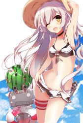 Rule 34 | 10s, 1girl, ;d, adapted costume, alternate hairstyle, amatsukaze (kancolle), arm up, armpits, bikini, blush, breasts, brown eyes, food, fruit, fuuna, hair down, hat, highres, innertube, kantai collection, long hair, looking at viewer, navel, one eye closed, open mouth, rensouhou-kun, silver hair, simple background, sky, small breasts, smile, solo, striped, sun hat, swim ring, swimsuit, two side up, watermelon, yellow eyes