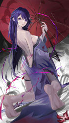 Rule 34 | 1girl, absurdres, acheron (honkai: star rail), ass, bare back, bare legs, bare shoulders, barefoot, black gloves, blurry, blurry foreground, breasts, commentary, english commentary, flower, gloves, highres, honkai: star rail, honkai (series), japanese clothes, kimono, kimono partially removed, kneeling, large breasts, leg tattoo, long hair, looking at viewer, multicolored hair, nnn (nonightnomad), oil-paper umbrella, parted lips, purple eyes, purple hair, purple kimono, rain, red flower, single glove, soles, solo, streaked hair, tattoo, thigh strap, umbrella, wide sleeves