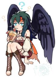 Rule 34 | 1girl, bare shoulders, black hair, black wings, boots, cross-laced footwear, cup, drinking straw, feathered wings, fire emblem, fire emblem: radiant dawn, fire emblem heroes, headband, highres, holding, holding cup, kurimori, lace-up boots, nintendo, o-ring, o-ring top, pirate, solo, squeans, toeless footwear, vika (fire emblem), vika (pirate) (fire emblem), wings