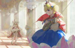 Rule 34 | &gt; &lt;, + +, 2girls, azur lane, black footwear, blonde hair, blue dress, blue eyes, chandelier, commentary request, cowboy shot, crown, double bun, dress, french flag, full body, gauntlets, gold trim, hair bun, hair ornament, headgear, high collar, high heels, highres, holding, holding sword, holding weapon, indoors, le malin (azur lane), le triomphant (azur lane), leotard, long hair, long sleeves, looking at another, looking back, manjuu (azur lane), mini crown, multiple girls, naycot, one eye closed, pantyhose, rapier, rubbing eyes, shadow, shoes, short dress, siblings, sideless outfit, single gauntlet, sisters, sleepy, striped clothes, striped leotard, sword, tutu, vertical-striped clothes, vertical-striped leotard, very long hair, weapon, white dress, white hair, white pantyhose