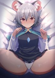 Rule 34 | 1girl, absurdres, animal ear fluff, animal ears, blush, breasts, cameltoe, commentary request, cowboy shot, crystal, darumoon, dress, grey dress, grey hair, highres, jewelry, long sleeves, looking at viewer, lying, medium breasts, mouse ears, mouse girl, nazrin, on back, on bed, open mouth, panties, pendant, pussy juice, red eyes, shirt, short hair, solo, touhou, underwear, white panties, white shirt