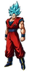 Rule 34 | 1boy, bandai namco, biceps, blue eyes, blue hair, boots, dougi, dragon ball, dragon ball fighterz, full body, highres, looking at viewer, male focus, muscular, official art, recolor, recolored, serious, solo, son goku, spiked hair, super saiyan, super saiyan blue, transparent background, wristband