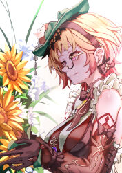 1girl absurdres bare_shoulders black_gloves blonde_hair breasts detached_sleeves emilie_(genshin_impact) fall4592 flower genshin_impact glasses gloves green_hat hairband hat highres large_breasts long_sleeves purple_eyes solo upper_body yellow_flower