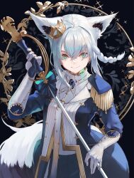 1girl absurdres ahoge alex0817 animal_ear_fluff animal_ears aqua_eyes blue_jacket blue_skirt braid bun_with_braided_base chest_harness closed_mouth crossed_bangs crown epaulettes extra_ears fox_ears fox_girl fox_tail gloves gold_crown gold_trim hair_between_eyes hair_bun hand_up harness highres holding holding_sword holding_weapon hololive jacket looking_at_viewer mini_crown necktie official_alternate_costume official_alternate_hairstyle pentagram saber_(weapon) shirakami_fubuki shirakami_fubuki_(fbkingdom) shirt short_hair side_braid sidelocks single_hair_bun skirt smile solo sword tail tilted_headwear virtual_youtuber wax_seal weapon white_gloves white_necktie white_shirt