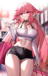Rule 34 | 1girl, absurdres, alternate costume, animal ears, bag, bare shoulders, black shorts, blurry, blurry background, breasts, cleavage, collarbone, cowboy shot, eternity (shadeh), fox ears, genshin impact, hair ornament, hand up, highres, holding, holding bag, large breasts, long hair, long sleeves, looking at viewer, midriff, navel, off shoulder, parted lips, pink hair, purple eyes, shirt, short shorts, shorts, smile, thighs, white shirt, yae miko