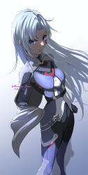 Rule 34 | 1girl, a (xenoblade), absurdres, armored bodysuit, cape, collared cape, earrings, expressionless, grey cape, highres, jewelry, long hair, looking at viewer, mercury xeno, messy hair, pants, single earring, solo, tight clothes, tight pants, xenoblade chronicles (series), xenoblade chronicles 3, xenoblade chronicles 3: future redeemed