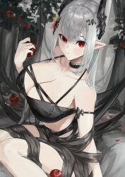Rule 34 | 1girl, absurdres, apple, arknights, bare shoulders, bikini, black bikini, breasts, cleavage, commentary request, food, fruit, grey hair, highres, holding, holding food, holding fruit, horns, kajuu, large breasts, long hair, looking at viewer, mudrock (arknights), mudrock (silent night) (arknights), official alternate costume, pointy ears, red eyes, sitting, solo, swimsuit, thighs