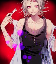 Rule 34 | 10s, 1boy, androgynous, blonde hair, blouse, collarbone, eyelashes, hair ornament, hairclip, half-closed eyes, highres, knife, loose clothes, loose shirt, male focus, nail polish, open clothes, pink eyes, red background, red nails, shirt, short hair, simple background, smile, solo, stitched face, stitches, suzuya juzo, tokyo ghoul, white shirt