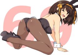 Rule 34 | 1girl, all fours, animal ears, ass, bare shoulders, black footwear, black leotard, blush, brown eyes, brown hair, commentary request, fake animal ears, full body, hair ornament, hairband, haruhisky, high heels, highleg, highleg leotard, leotard, looking at viewer, looking back, one eye closed, open mouth, pantyhose, playboy bunny, rabbit ears, rabbit tail, shiny clothes, shiny skin, short hair, simple background, smile, solo, strapless, strapless leotard, suzumiya haruhi, suzumiya haruhi no yuuutsu, tail, wrist cuffs
