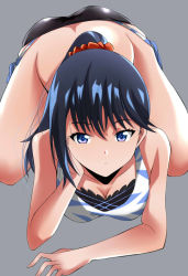 Rule 34 | 1girl, all fours, ass, bare arms, bikini, black bikini, black hair, blue bikini, blue eyes, breasts, cleavage, closed mouth, collarbone, commentary, expressionless, female focus, grey background, gridman universe, hair ornament, hair scrunchie, layered bikini, looking at viewer, medium hair, ponytail, scrunchie, side-tie bikini bottom, simple background, solo, ssss.gridman, swimsuit, takarada rikka, thighs, yamada (fanfantaisa)