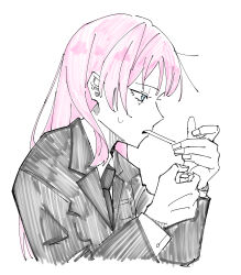 Rule 34 | 1girl, bang dream!, bang dream! it&#039;s mygo!!!!!, black jacket, black necktie, blue eyes, chihaya anon, cigarette, collared shirt, commentary request, highres, jacket, lighter, lighting cigarette, long hair, necktie, pink hair, profile, shirt, simple background, solo, suit jacket, sweatdrop, tsuyudashimirin, upper body, white background, white shirt