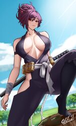 1girl arm_strap arms_at_sides artist_name bare_hips belt black_socks blue_sky bodysuit breasts center_opening closed_mouth cloud collarbone day eyebrows eyelashes female_focus foot_out_of_frame from_below got_ji_(gojich1) hip_vent japanese_clothes jigokuraku katana knee_up large_breasts looking_at_viewer looking_down matching_hair/eyes mole mole_under_mouth naughty_face ninja no_bra on_rock outdoors ponytail purple_bodysuit purple_eyes purple_hair rock short_hair short_ponytail sky sleeveless sleeveless_bodysuit smug socks solo standing sun sword tabi tiptoes weapon white_belt yuzuriha_(jigokuraku)