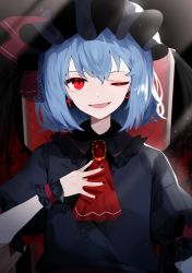 Rule 34 | 1girl, ;d, absurdres, ascot, bad id, bad pixiv id, bat wings, black nails, blue hair, brooch, dress, earrings, hair between eyes, hat, highres, jewelry, looking at viewer, mob cap, nail polish, one eye closed, open mouth, puffy sleeves, red eyes, red nails, red ribbon, remilia scarlet, ribbon, short hair, smile, solo, suikario, touhou, upper body, wings