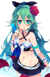 Rule 34 | 10s, 1girl, adapted costume, armband, belt, belt buckle, bikini, bikini skirt, black bikini, blush, bracelet, breasts, buckle, cleavage, commentary request, criss-cross halter, flower, food, green eyes, green nails, hair between eyes, hair flaps, hair flower, hair ornament, hair ribbon, hairclip, halterneck, innertube, jewelry, kantai collection, lifebouy, long hair, looking at viewer, medium breasts, microskirt, nail polish, navel, parted lips, pleated skirt, ponytail, popsicle, ribbon, shirokitsune, simple background, skirt, solo, stomach, swim ring, swimsuit, very long hair, white background, white belt, wristband, yamakaze (kancolle)