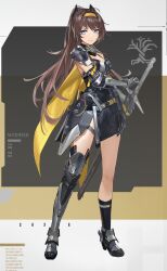 Rule 34 | 1girl, absurdres, aether gazer, armor, armored boots, artist request, asymmetrical legwear, black dress, black thighhighs, blue eyes, boots, breasts, brown hair, cape, closed mouth, commentary request, dress, fighting stance, full body, grey background, hairband, headgear, highres, long hair, official art, pauldrons, ponytail, ready to draw, sheath, sheathed, shoulder armor, simple background, single bare shoulder, single pauldron, single sock, single thighhigh, small breasts, smile, socks, solo, standing, sword, thighhighs, verthandi (aether gazer), very long hair, weapon, yellow cape, yellow hairband