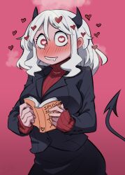 Rule 34 | 1girl, 4shi, black horns, blush, book, breasts, demon tail, drooling, formal, hair between eyes, heart, heart-shaped pupils, heavy breathing, helltaker, highres, holding, holding book, horns, large breasts, long hair, long sleeves, modeus (helltaker), mouth drool, open book, pink background, red eyes, red sweater, sleeves past wrists, solo, suit, sweater, symbol-shaped pupils, tail, turtleneck, turtleneck sweater, white hair