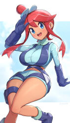 Rule 34 | 1girl, absurdres, artist name, blue eyes, blue footwear, blue gloves, blue jacket, blue shorts, blue sky, breasts, cloud, cloudy sky, creatures (company), crop top, cropped jacket, dark-skinned female, dark skin, game freak, gloves, gonzarez, highres, jacket, large breasts, midriff, navel, nintendo, one side up, pokemon, pokemon bw, pouch, red hair, short hair with long locks, short ponytail, short shorts, shorts, sky, skyla (pokemon), solo, swept bangs, thigh pouch, twitter username