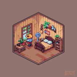 artist_name bed bruno_pixels day flag frog guitar highres indoors instrument isometric no_humans original pants pixel_art plant red_pants shelf simple_background sweater table variant_set very_wide_shot window wooden_floor wooden_table wooden_wall