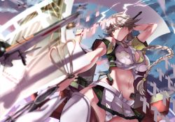 Rule 34 | 10s, 1girl, aircraft, airplane, antlers, arm up, bare shoulders, braid, breasts, brown thighhighs, cleavage cutout, clothing cutout, cloud, cloud print, cloudy sky, crop top, day, from below, hair ornament, holding, horns, kantai collection, large breasts, long braid, long hair, looking at viewer, machinery, midriff, multiple girls, navel, panties, shikigami, short sleeves, silver hair, single braid, skirt, sky, solo, staff, thighhighs, thighs, tsuuhan, underwear, unryuu (kancolle), very long hair, white panties, yellow eyes, zettai ryouiki