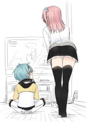 Rule 34 | 1boy, 1girl, black skirt, blue hair, from behind, headphones, leaning forward, nei (os), one side up, original, os (os fresa), partially colored, pink hair, playing games, scrunchie, shorts, sitting, skirt, souta (os), standing, thigh gap, twitter username