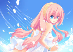 Rule 34 | 1girl, aqua eyes, bad id, bad pixiv id, bracelet, breasts, cloud, day, dress, female focus, hairband, highres, jewelry, liong, long hair, megurine luka, outdoors, petals, pink hair, sky, smile, solo, twintails, vocaloid, white dress