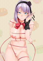 Rule 34 | 10s, 1girl, blue eyes, breast hold, breasts, contrapposto, dagashi kashi, female pubic hair, flower, hair flower, hair ornament, hairband, janong, large breasts, looking at viewer, nail polish, nipples, nude, pubic hair, purple hair, pussy, ribbon, shidare hotaru, short hair, smile, solo, uncensored