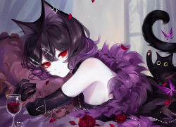 Rule 34 | 1girl, animal ears, artist name, bare shoulders, black cat, black gloves, black hair, cat, cat ears, cat girl, cat tail, commentary, cup, drinking glass, elbow gloves, flower, fur trim, gloves, hair between eyes, highres, original, red eyes, red flower, red rose, rose, sheya, short hair, signature, solo, symbol-only commentary, tail, upper body, wine glass