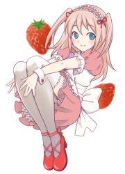 Rule 34 | 1girl, alternate costume, apron, back bow, bad id, bad twitter id, bow, closed mouth, commentary request, dress, enmaided, food, frilled apron, frills, fruit, fruit background, full body, green eyes, grey thighhighs, high heels, hikaru (ofuton at5), looking at viewer, maid, maid apron, maid headdress, nemoto hina, pink dress, pink hair, red footwear, smile, solo, strawberry, strawberry background, thighhighs, two side up, watashi ga motenai no wa dou kangaetemo omaera ga warui!, white apron, white background, white bow, wrist cuffs