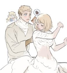 Rule 34 | 1boy, 2girls, asymmetrical hair, blonde hair, brother and sister, closed eyes, cowboy shot, dungeon meshi, falin touden, falin touden (chimera), feathers, from side, grey eyes, hand on another&#039;s back, heterochromia, highres, laios touden, laios touden (chimera), licking, licking self, looking at another, marcille donato, monster girl, multiple girls, navel, open mouth, short hair, siblings, sidecut, simple background, spoken object, taur, tongue, tongue out, undercut, white background, wuliu heihuo, yellow eyes