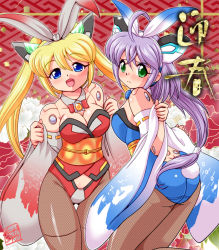 Rule 34 | 10s, 2girls, adapted costume, blonde hair, blue eyes, blush, bow, breasts, rabbit tail, busou shinki, commentary, detached collar, detached sleeves, doll joints, fishnet pantyhose, fishnets, green eyes, hair bow, japanese clothes, joints, leotard, lirbiete, long hair, looking back, multiple girls, new year, oborogumo takamitsu, open mouth, pantyhose, playboy bunny, purple hair, ribbon-trimmed sleeves, ribbon trim, robot ears, siblings, signature, sisters, smile, tail, twintails, vervietta, wide sleeves