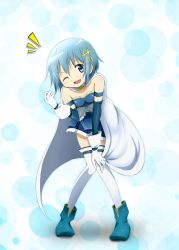 Rule 34 | 10s, 1girl, ;d, armband, blue eyes, blue hair, cape, fortissimo, gloves, hair ornament, hairclip, highres, kinfuji, leaning forward, magical girl, mahou shoujo madoka magica, mahou shoujo madoka magica (anime), mahou shoujo madoka magica movie 1 &amp; 2, matching hair/eyes, miki sayaka, musical note, musical note hair ornament, one eye closed, open mouth, short hair, smile, solo, sword, thighhighs, weapon, zettai ryouiki