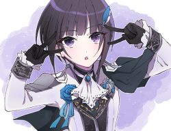 Rule 34 | 1girl, ascot, black capelet, black gloves, black hair, black shirt, blue flower, blue rose, blunt bangs, brooch, capelet, chain, chess piece, coat, double v, expressionless, feather hair ornament, feathers, flower, gloves, gold chain, hair ornament, idol, idolmaster, idolmaster cinderella girls, jewelry, knight (chess), light blush, long sleeves, looking at viewer, medallion, official alternate costume, open mouth, purple background, purple eyes, rose, sado (38kun), shirayuki chiyo, shirt, short hair, sidelocks, simple background, solo, sparkle, upper body, v, white coat, white uniform