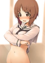 Rule 34 | 10s, 1girl, araki mitsuru, blush, bottomless, breasts, bright pupils, brown eyes, brown hair, clothes lift, commentary request, cowboy shot, girls und panzer, highres, long sleeves, medium breasts, navel, nishizumi miho, ooarai school uniform, open mouth, out-of-frame censoring, sailor collar, sailor shirt, school uniform, shirt, shirt lift, short hair, solo, wavy mouth, white pupils