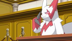 Rule 34 | ace attorney, claws, column, commentary request, creatures (company), furry, game freak, gen 3 pokemon, highres, indoors, matchstick 39, nintendo, no humans, pillar, pokemon, pokemon (creature), red eyes, rope, smile, tail, thinking, white fur, zangoose