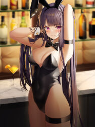Rule 34 | 1girl, absurdres, alternate costume, animal ears, arm behind head, arm strap, armpits, arms up, bar (place), bare arms, bare shoulders, black bow, black bowtie, black leotard, blurry, blurry background, blush, bottle, bow, bowtie, breasts, cleavage, closed mouth, collar, counter, covered navel, cowboy shot, cup, detached collar, drink, drinking glass, food, fruit, genshin impact, highleg, highleg leotard, highres, hsxxx, lemon, lemon slice, leotard, long hair, looking at viewer, medium breasts, playboy bunny, purple eyes, purple hair, raiden shogun, shelf, solo, strapless, strapless leotard, thigh strap, thighs, very long hair, white collar, white wrist cuffs, wing collar, wrist cuffs