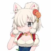 Rule 34 | 1girl, alpaca ears, alpaca suri (kemono friends), animal ear fluff, animal ears, animated, blonde hair, breasts, chibi, cleavage, commentary, corset, dirndl, flower, flying sweatdrops, german clothes, grey eyes, hair bun, hair flower, hair ornament, hair over one eye, hand up, horizontal pupils, jewelry, kemono friends, medium breasts, medium hair, parted lips, pendant, platinum blonde hair, playing with own hair, short sleeves, simple background, single hair bun, smile, solo, taro (tontaro), underbust, upper body, video, white background