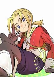 Rule 34 | 1boy, 72yan, blonde hair, blue eyes, gloves, liber, low ponytail, male focus, pantyhose, ponytail, simple background, sitting, solo, the legend of legacy, white background
