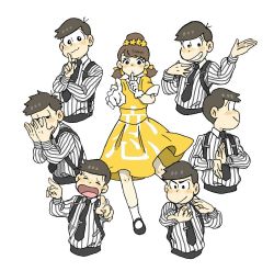 Rule 34 | 10s, 1girl, 6+boys, black hair, brothers, brown hair, closed eyes, cosplay, dress, flower, gloves, hair flower, hair ornament, hairband, highres, hoshino gen, hoshino gen (cosplay), index finger raised, koi dance, low twintails, matching outfits, matsuno choromatsu, matsuno ichimatsu, matsuno jyushimatsu, matsuno karamatsu, matsuno osomatsu, matsuno todomatsu, momoco (momco04), multiple boys, osomatsu-kun, osomatsu-san, pinstripe pattern, pointing, pointing at viewer, sextuplets, short hair, short twintails, siblings, simple background, smile, song name, striped, suspenders, twintails, white background, white gloves, yellow dress, yowai totoko