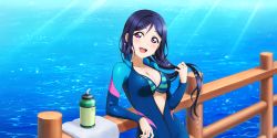 Rule 34 | 1girl, absurdres, alternate hairstyle, aqua bikini, artist name, artist request, bare shoulders, bikini, blue bikini, blue hair, blush, bodysuit, bottle, breasts, center opening, cleavage, collarbone, female focus, hair between eyes, hair down, halterneck, highres, holding, holding hair, long hair, long sleeves, looking at viewer, love live!, love live! school idol festival, love live! school idol festival all stars, love live! sunshine!!, matsuura kanan, medium breasts, ocean, open bodysuit, open clothes, outdoors, parted lips, purple eyes, purple hair, smile, solo, string bikini, striped bikini, striped clothes, sunlight, swimsuit, zipper, zipper pull tab