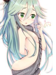 Rule 34 | 10s, 1girl, 3:, aqua hair, aran sweater, arched back, arm behind back, artist name, ass, backless dress, backless outfit, bare arms, bare back, bare shoulders, black ribbon, blush, breasts, cable knit, cat, cowboy shot, dress, from side, green eyes, green hair, grey sweater, hair between eyes, hair flaps, hair ornament, hair ribbon, hairclip, halterneck, kantai collection, long hair, looking to the side, maruma (maruma gic), meme attire, naked sweater, open mouth, ribbed sweater, ribbon, ruffling hair, sideboob, signature, simple background, small breasts, solo, sweater, sweater dress, teeth, turtleneck, turtleneck sweater, virgin killer sweater, white background, yamakaze (kancolle)