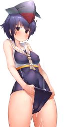 Rule 34 | 10s, 1girl, :&lt;, absurdres, asymmetrical hair, bare shoulders, black hair, boruhis, breasts, brown eyes, clothes lift, clothes pull, covered erect nipples, covered navel, cowboy shot, framed breasts, from below, frontal wedgie, groin, hair between eyes, headphones, highres, i-14 (kancolle), kantai collection, lifting own clothes, looking at viewer, one-piece swimsuit pull, sailor collar, school swimsuit, short hair, small breasts, solo, suggestive fluid, swimsuit, swimsuit lift, thighs, wedgie