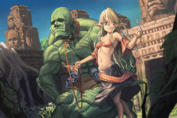 Rule 34 | 1boy, 1girl, bad id, bad pixiv id, bikini, bikini top only, blonde hair, building, closed mouth, collar, collarbone, commentary request, day, detached sleeves, dutch angle, elf, closed eyes, flower, groin, hironii (hirofactory), key, kneeling, leash, lock, long hair, long pointy ears, muscular, navel, orc, original, outdoors, padlock, plant, pointy ears, red bikini, red eyes, ribs, role reversal, short sleeves, skirt, smile, standing, swimsuit, very long hair