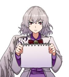 Rule 34 | 1girl, angel wings, bow, bowtie, collared shirt, dress, expressionless, feathered wings, ghostship55, hair between eyes, holding, holding notebook, jacket, kishin sagume, long sleeves, looking at viewer, medium hair, notebook, purple dress, red bow, red bowtie, red eyes, shirt, simple background, single wing, solo, suit jacket, template, touhou, upper body, white background, white hair, white wings, wings