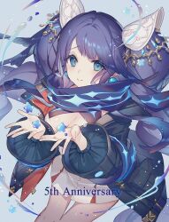 1girl anniversary beads blue_eyes blue_hair blush breasts bubble cleavage dress earrings english_text fins hair_beads hair_ornament head_fins highres jewelry kina_(446964) little_match_girl_(sinoalice) long_hair looking_at_viewer ningyo_hime_(sinoalice) scarf sidelocks simple_background sinoalice solo star_(symbol) twintails white_dress