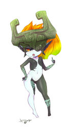 Rule 34 | 1girl, bad id, bad pixiv id, black skin, born-to-die, colored sclera, colored skin, contrapposto, flat chest, hand on own hip, helmet, index finger raised, long hair, midna, multicolored skin, neon trim, nintendo, open mouth, orange hair, pointy ears, red eyes, solo, standing, the legend of zelda, the legend of zelda: twilight princess, tiptoes, two-tone skin, white skin, wide hips, yellow sclera