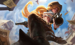 Rule 34 | 1girl, aiming, aiming at viewer, alternate costume, blonde hair, boots, chaps, cowboy, cowboy boots, cowboy hat, cowboy western, cowgirl miss fortune, day, dirt, dual wielding, foreshortening, freckles, from below, front-tie top, gun, handgun, hat, highres, holding, jessica oyhenart, league of legends, lips, long hair, miss fortune (league of legends), nose, official art, revolver, smoke, smoking barrel, solo, weapon, western