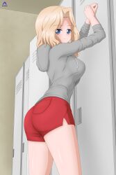 Rule 34 | 1girl, absurdres, acrux, arms up, artist logo, ass, blonde hair, blue eyes, blush, closed mouth, commentary, cowboy shot, dated, drawstring, english commentary, from side, girls und panzer, grey hoodie, hair intakes, half-closed eyes, highres, hood, hood down, hoodie, indoors, kay (girls und panzer), leaning forward, locker, locker room, long sleeves, looking at viewer, looking back, medium hair, pantylines, red shorts, short shorts, shorts, smile, solo, standing