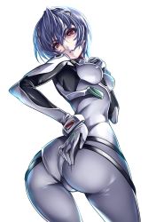 Rule 34 | 1girl, ass, ass grab, ayanami rei, blue hair, bob cut, bodysuit, breasts, from behind, from below, grabbing own ass, hand on own ass, hand on own chest, highres, hip focus, looking at viewer, looking back, looking down, medium breasts, narrow waist, neon genesis evangelion, parted lips, plugsuit, red eyes, saburou (hgmg), short hair, simple background, skin tight, skindentation, solo, white background, wide hips