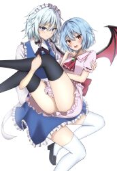 Rule 34 | 2girls, :d, absurdres, ascot, back bow, bat wings, black bow, black ribbon, black thighhighs, blue eyes, blue hair, blue skirt, blush, bow, braid, carrying, closed mouth, collared shirt, commentary, feet out of frame, foot out of frame, frilled shirt collar, frilled skirt, frills, gem, glint, green gemstone, grey hair, hair between eyes, hair bow, highres, izayoi sakuya, knees up, long hair, looking at viewer, maid, maid headdress, medium hair, multiple girls, neck ribbon, no headwear, open mouth, pink shirt, pink skirt, princess carry, puffy short sleeves, puffy sleeves, red ascot, red bow, red eyes, remilia scarlet, ribbon, shirt, short hair, short sleeves, simple background, skirt, smile, szl, thighhighs, thighs, touhou, tsurime, twin braids, white background, white bow, white shirt, white thighhighs, wings, yuri, zettai ryouiki